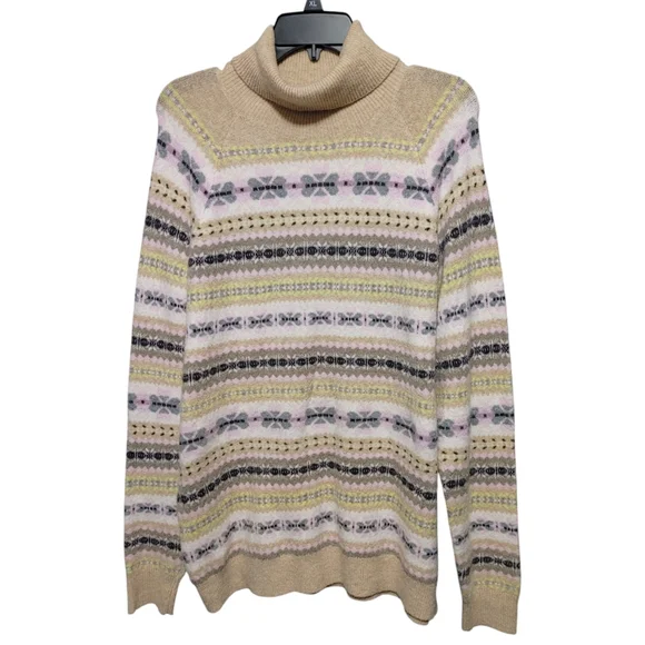 LOFT Striped Neutral Beige Fair Isle Turtleneck Sweater Women's Size Large L - Picture 4 of 12